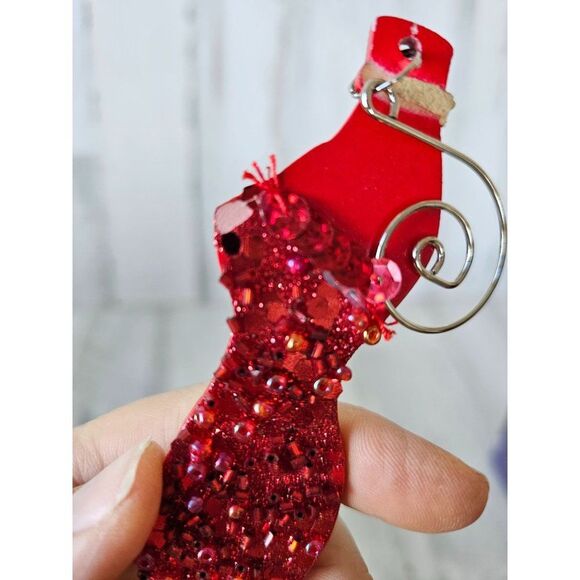 Red evening dress ornament vintage fancy beaded fringe ruffle Xmas tree - Picture 6 of 8